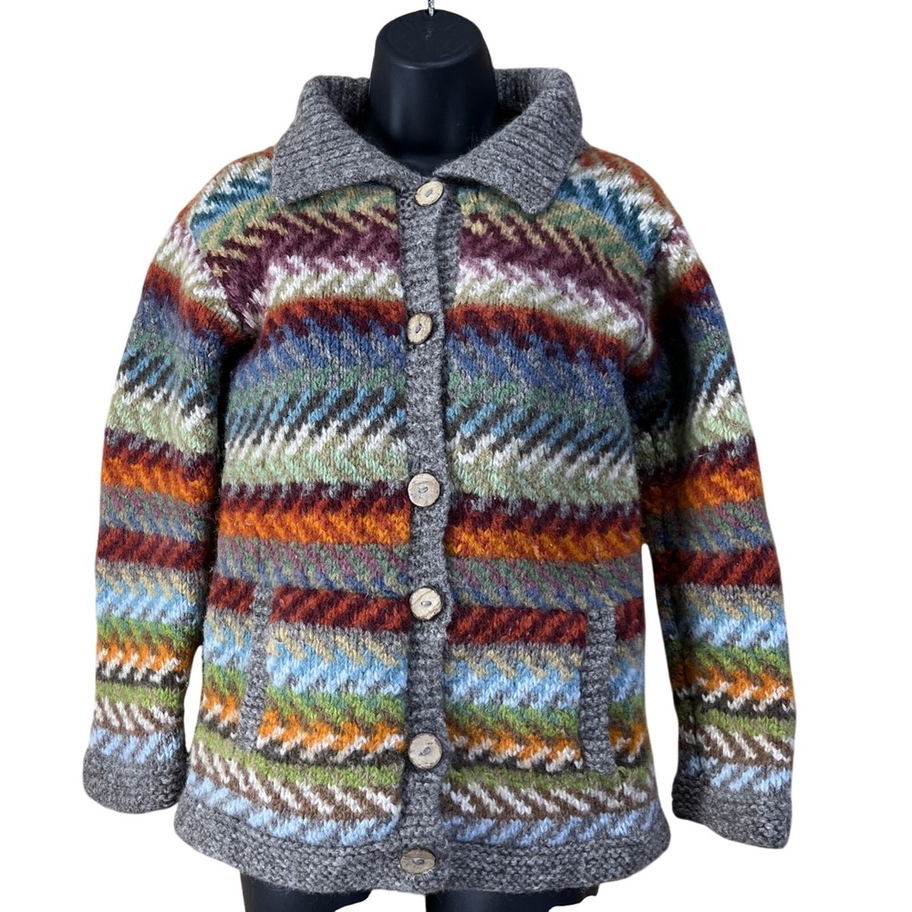 Pachamama Cardigan Women S Multi Wool Hand Knit Chevron Button Sweater Jacket‎